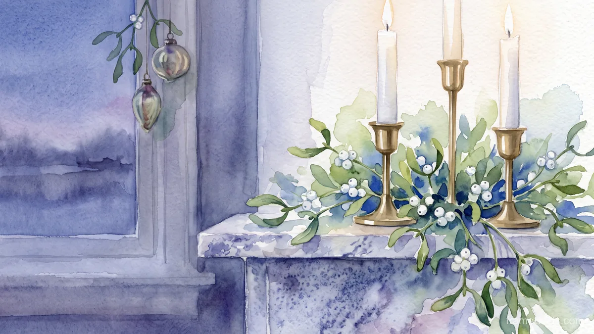Mistletoe and white candles on a marble mantel – elegant watercolor Samsung Frame TV art, 4K