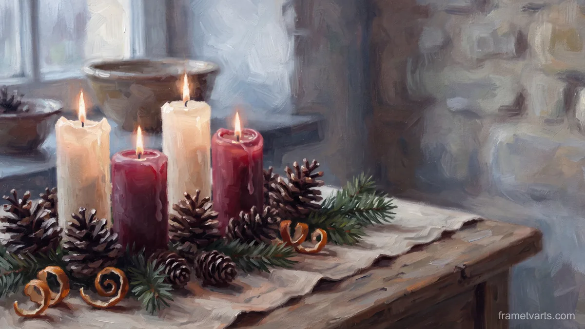 Advent candles and pine cones on linen – tonal oil painting Samsung Frame TV art, 4K