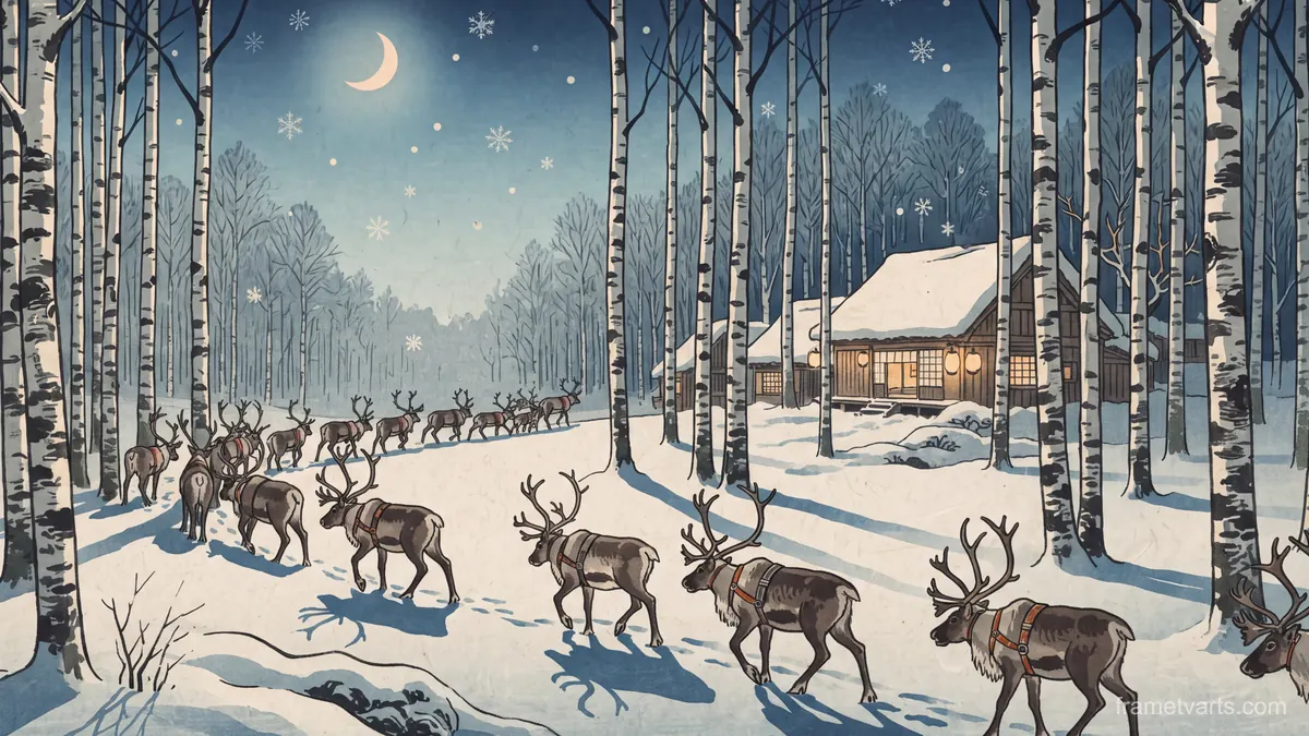 Reindeer in a snowy birch clearing – japanese-inspired woodblock print Samsung Frame TV art, 4K