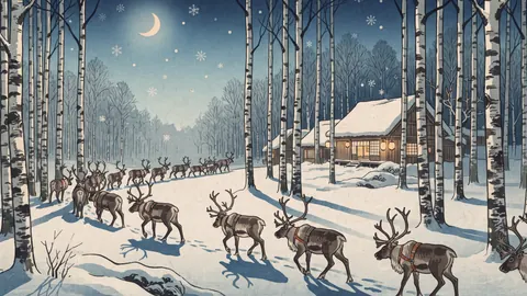 Reindeer in a snowy birch clearing – japanese-inspired woodblock print Frame TV art