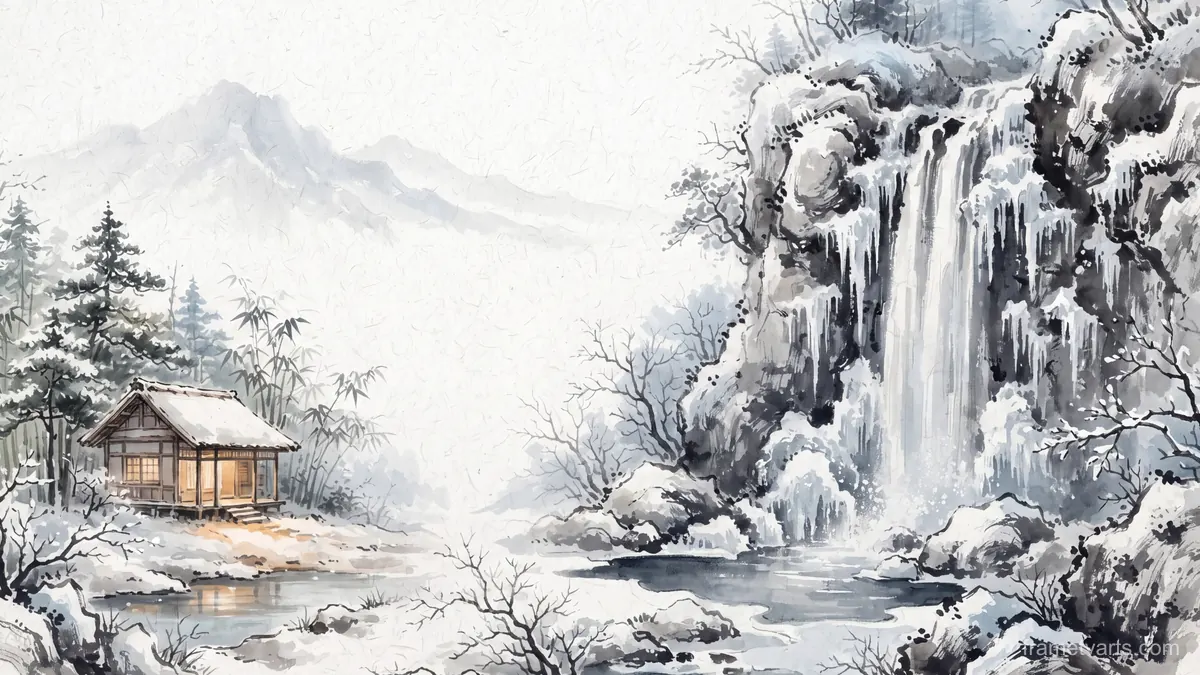 Ice-fringed waterfall in a winter gorge – zen sumi-e ink wash Samsung Frame TV art, 4K
