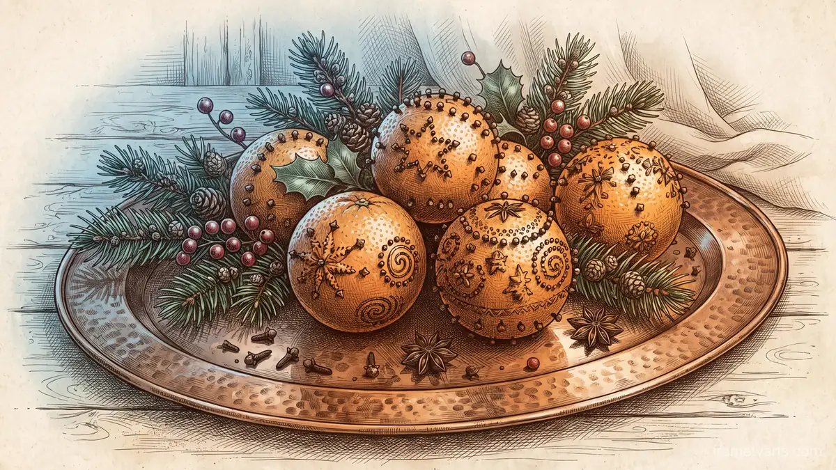 Christmas oranges, cloves and evergreen on a copper tray – vintage-inspired festive print Samsung Frame TV art, 4K