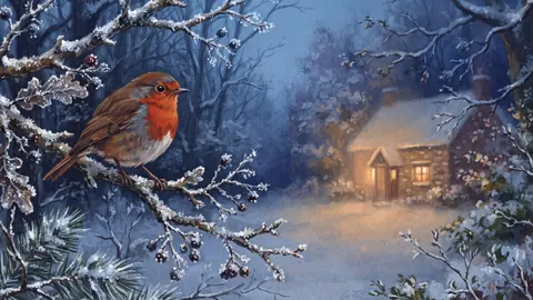 Winter robin on a frosted branch – naturalist gouache Frame TV art