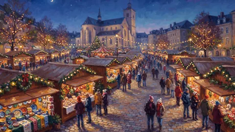 Christmas market stalls without signage – impressionist oil painting Frame TV art