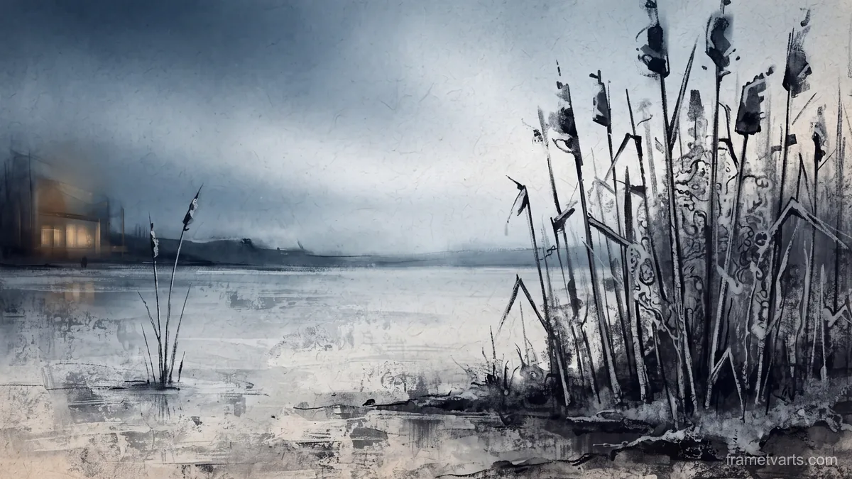 Frozen reeds at the lake edge – monochrome minimalist abstraction Samsung Frame TV art, 4K