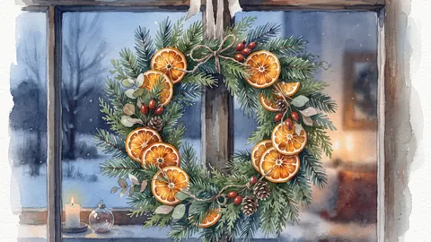 Evergreen wreath with dried orange slices – elegant watercolor Frame TV art