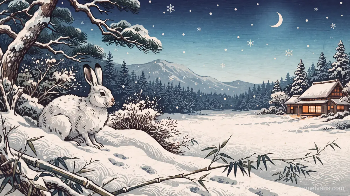Winter hare in deep snow – japanese-inspired woodblock print Samsung Frame TV art, 4K