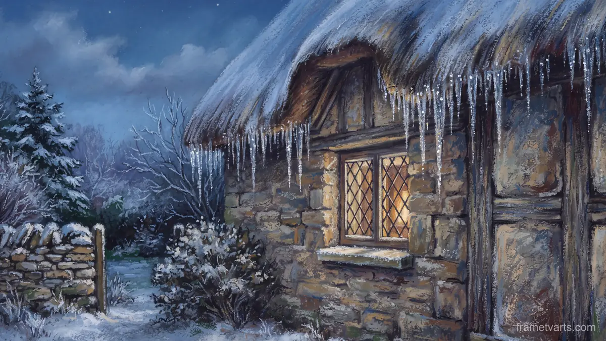 Icicles along a cottage eave – chalk pastel study Samsung Frame TV art, 4K
