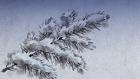 Snow-laden fir branch in close view – zen sumi-e ink wash Frame TV art