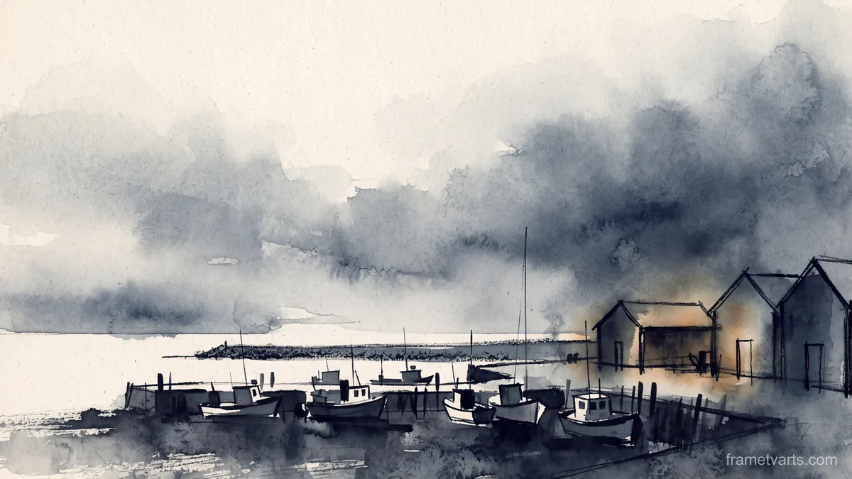 Winter harbour under low cloud – monochrome minimalist abstraction Samsung Frame TV art, 4K