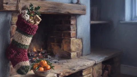 Christmas stocking and clementines by a hearth – soft pastel drawing Frame TV art
