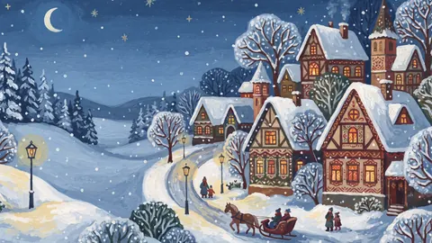 Snowy village lane with warm windows – decorative folk gouache Frame TV art