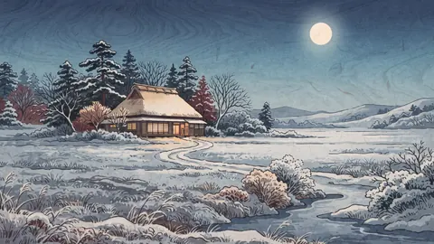 Winter moon over a frozen field – japanese-inspired woodblock print Frame TV art