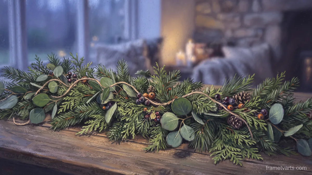 Evergreen and eucalyptus table garland – chalk pastel study Samsung Frame TV art, 4K