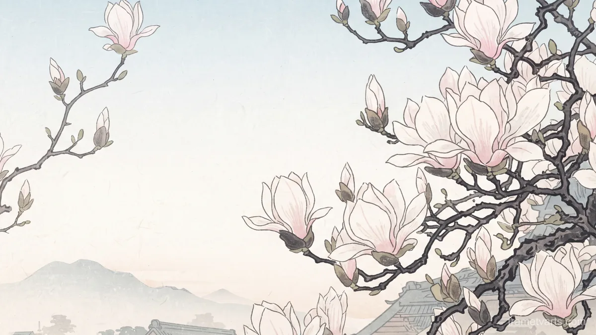 Magnolia branches against a pale spring sky – japanese-inspired woodblock print Samsung Frame TV art, 4K