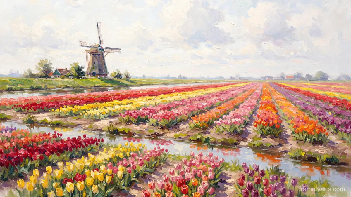 Tulip fields under a distant windmill – impressionist oil painting Samsung Frame TV art, 4K