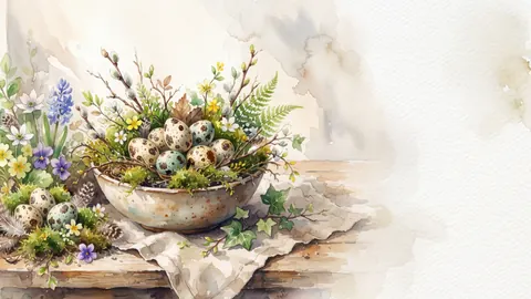 Easter still life of speckled eggs and moss – elegant watercolor Frame TV art
