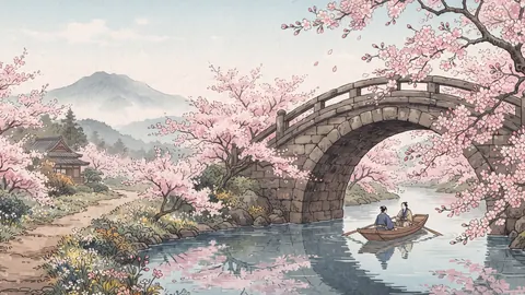 Cherry blossom over a stone bridge – japanese-inspired woodblock print Frame TV art