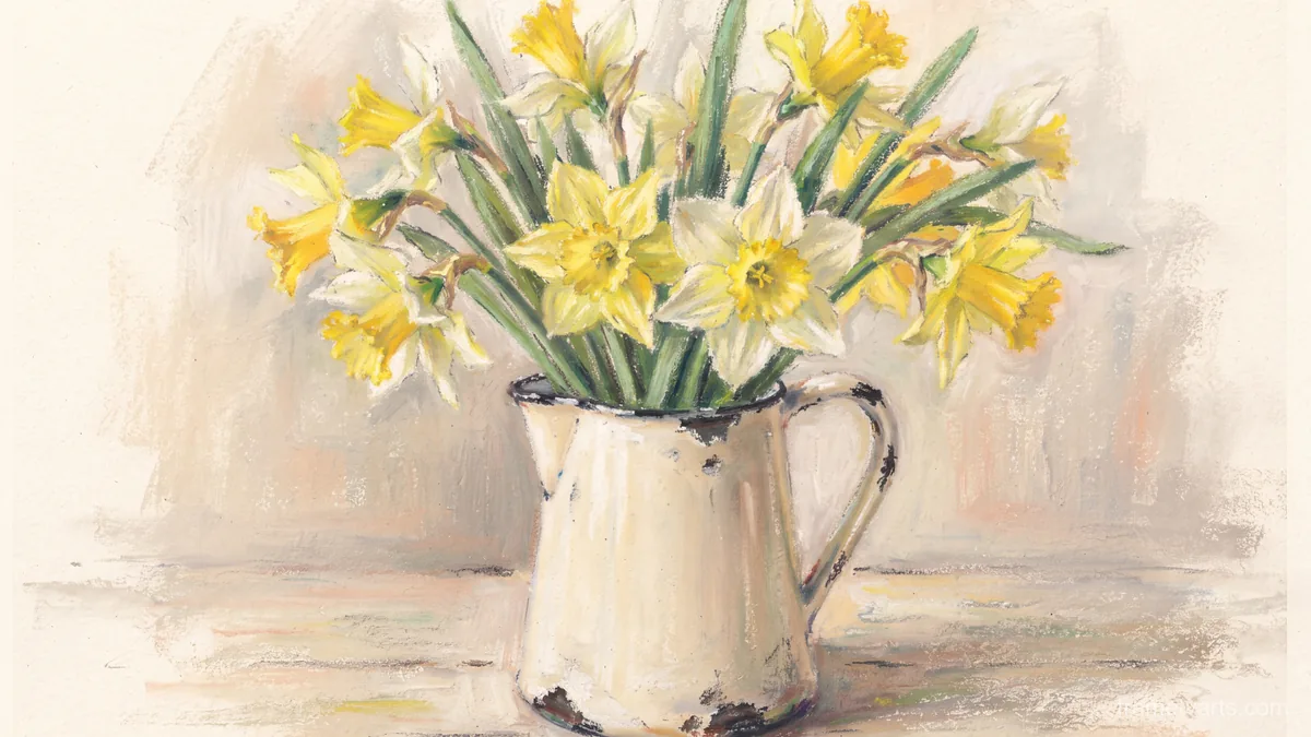 Daffodils in a chipped enamel jug – soft pastel drawing Samsung Frame TV art, 4K