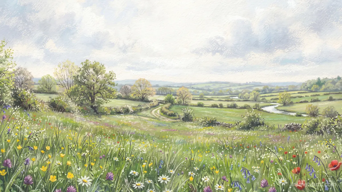 Spring meadow after rain – chalk pastel study Samsung Frame TV art, 4K