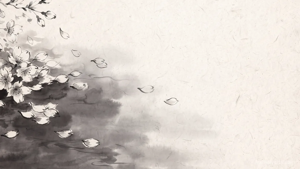 Blossom petals on dark water – zen sumi-e ink wash Samsung Frame TV art, 4K
