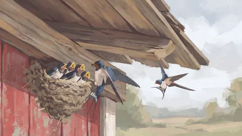 Nesting swallows under a barn eave – naturalist gouache Frame TV art