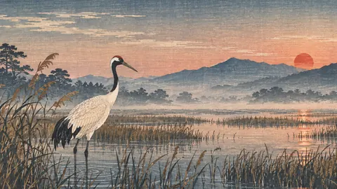 Crane wading in a reed marsh at dawn – japanese-inspired woodblock print Frame TV art