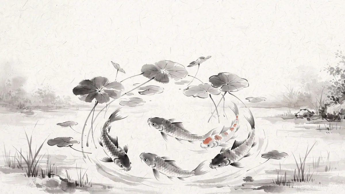 Koi circling beneath lily pads – zen sumi-e ink wash Samsung Frame TV art, 4K