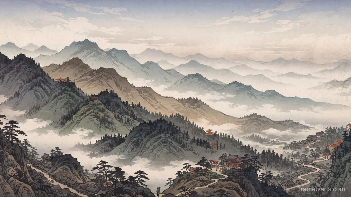 Layered mountain ridges above low cloud – japanese-inspired woodblock print Samsung Frame TV art, 4K