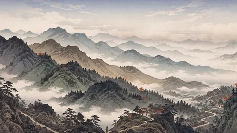 Layered mountain ridges above low cloud – japanese-inspired woodblock print Frame TV art