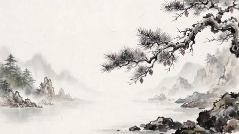 Pine branch over a rocky shoreline – zen sumi-e ink wash Frame TV art