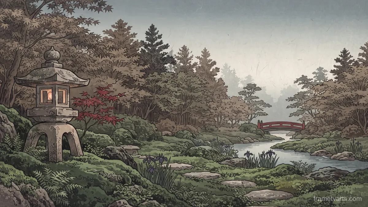 Stone lantern in a moss garden – japanese-inspired woodblock print Samsung Frame TV art, 4K