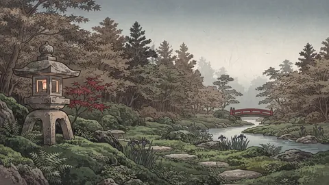 Stone lantern in a moss garden – japanese-inspired woodblock print Frame TV art