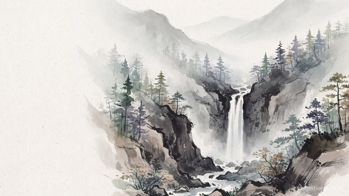 Waterfall through a cedar ravine – japanese-inspired minimal composition Samsung Frame TV art, 4K