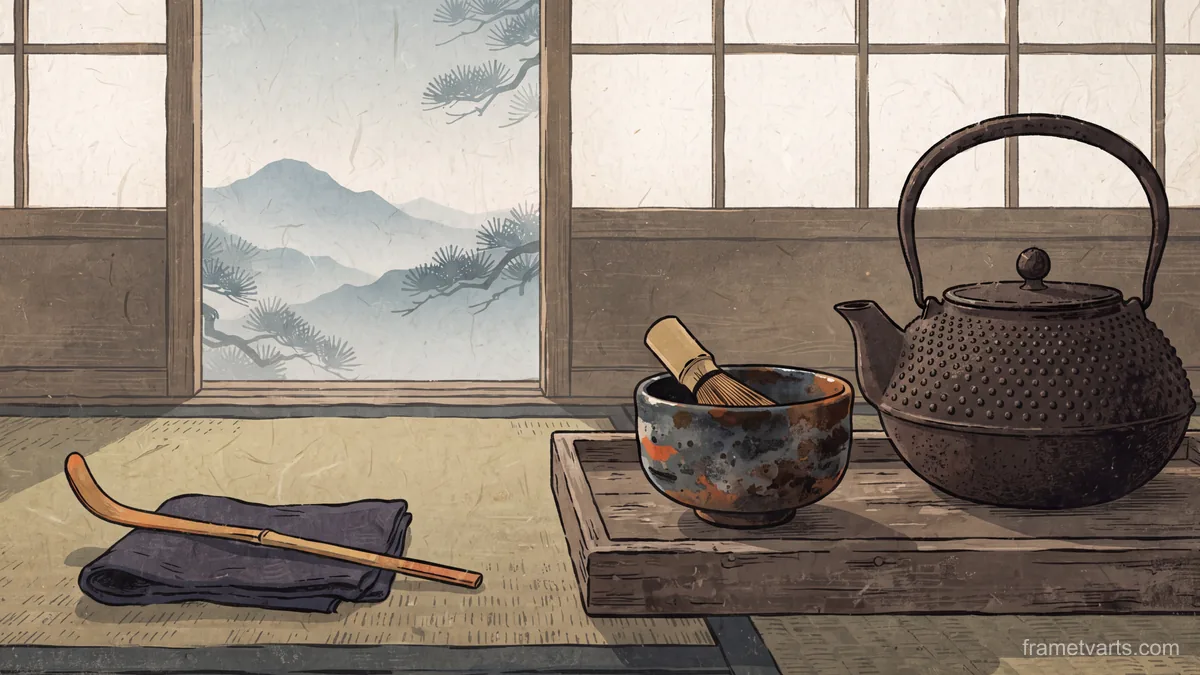 Iron kettle and tea bowl on a wooden tray – japanese-inspired woodblock print Samsung Frame TV art, 4K