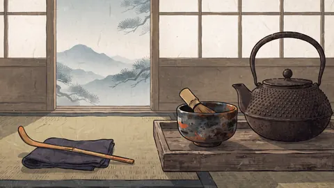 Iron kettle and tea bowl on a wooden tray – japanese-inspired woodblock print Frame TV art