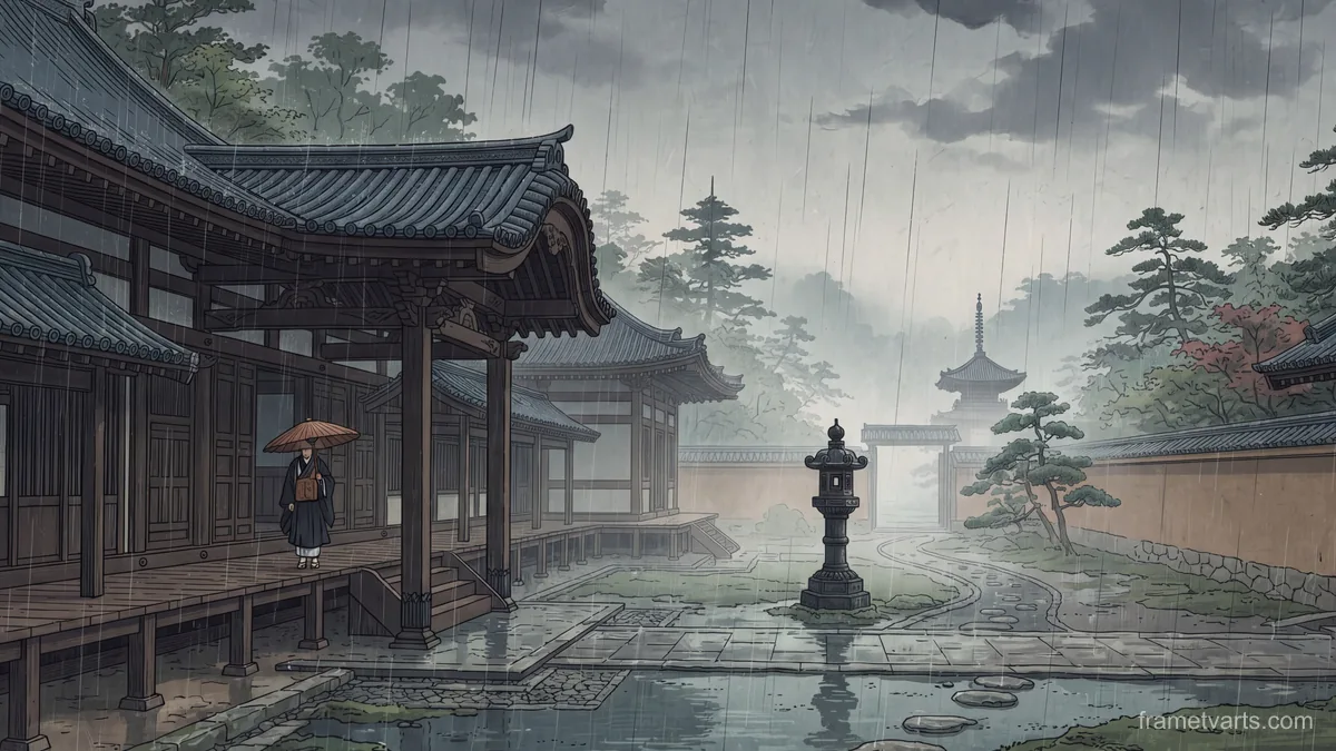 Rain on a tiled temple courtyard – japanese-inspired woodblock print Samsung Frame TV art, 4K