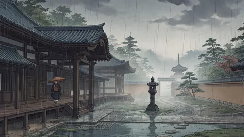 Rain on a tiled temple courtyard – japanese-inspired woodblock print Frame TV art
