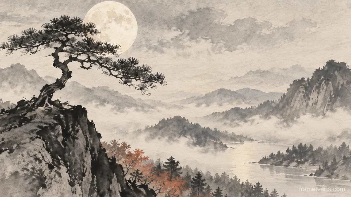 Full moon behind a single pine – zen sumi-e ink wash Samsung Frame TV art, 4K