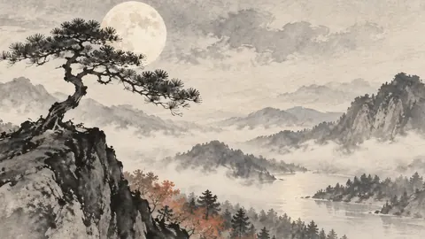 Full moon behind a single pine – zen sumi-e ink wash Frame TV art