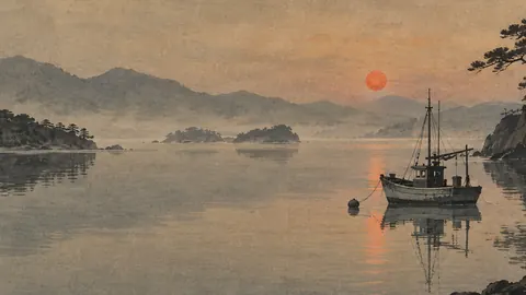Fishing boat on a glassy inlet at dusk – japanese-inspired minimal composition Frame TV art