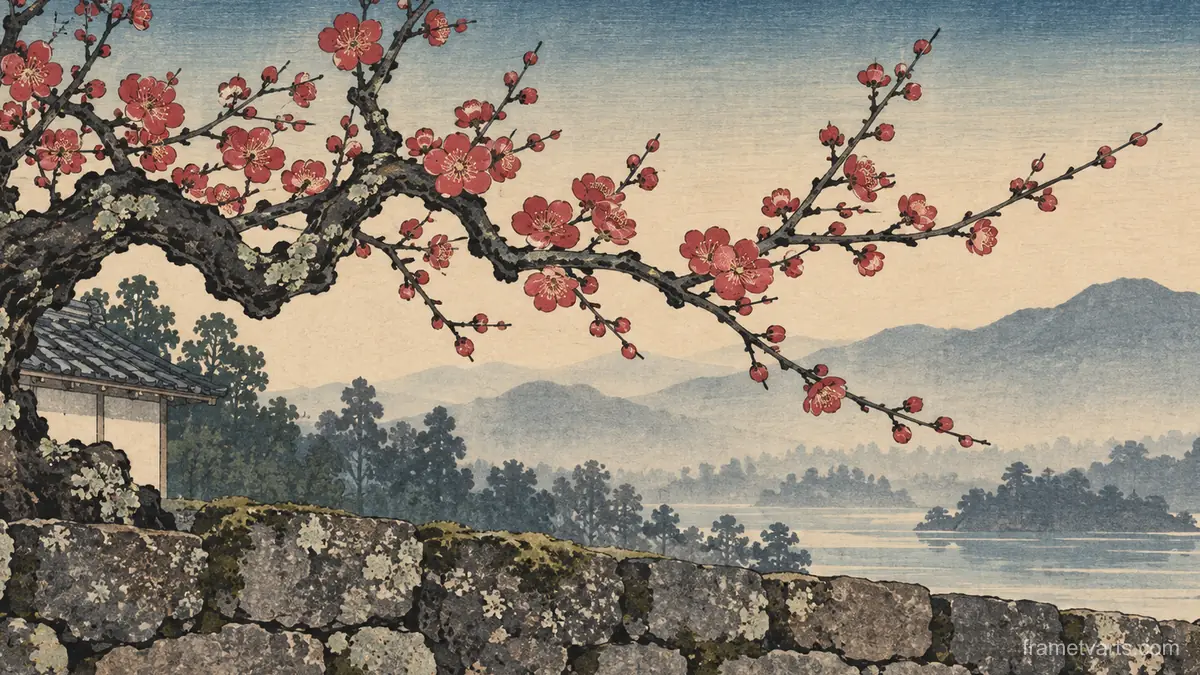 Plum branch over a low stone wall – japanese-inspired woodblock print Samsung Frame TV art, 4K