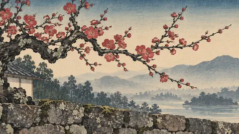 Plum branch over a low stone wall – japanese-inspired woodblock print Frame TV art