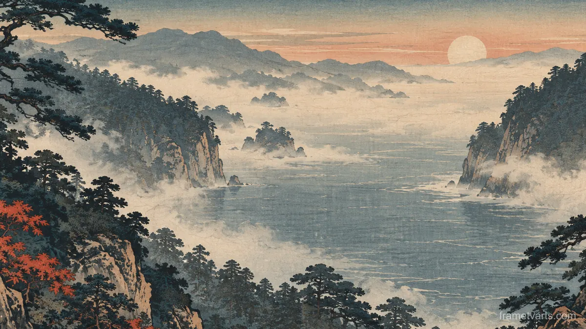 Mist between two forested headlands – japanese-inspired woodblock print Samsung Frame TV art, 4K
