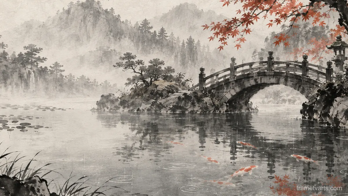Carp pond bridge in soft rain – zen sumi-e ink wash Samsung Frame TV art, 4K