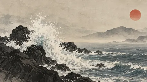 Wave breaking on black rocks – japanese-inspired minimal composition Frame TV art