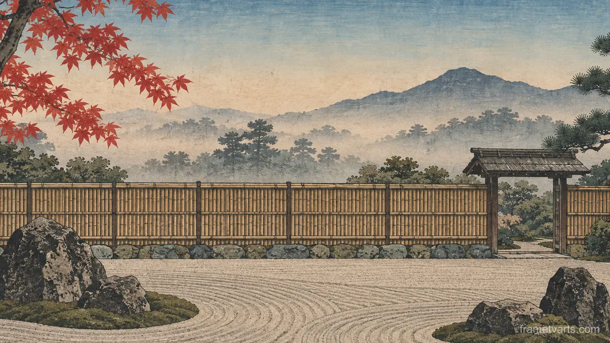 Bamboo fence and raked gravel – japanese-inspired woodblock print Samsung Frame TV art, 4K