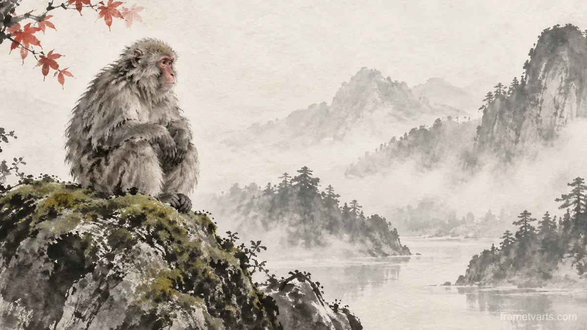 Macaque resting on a mossy boulder – zen sumi-e ink wash Samsung Frame TV art, 4K