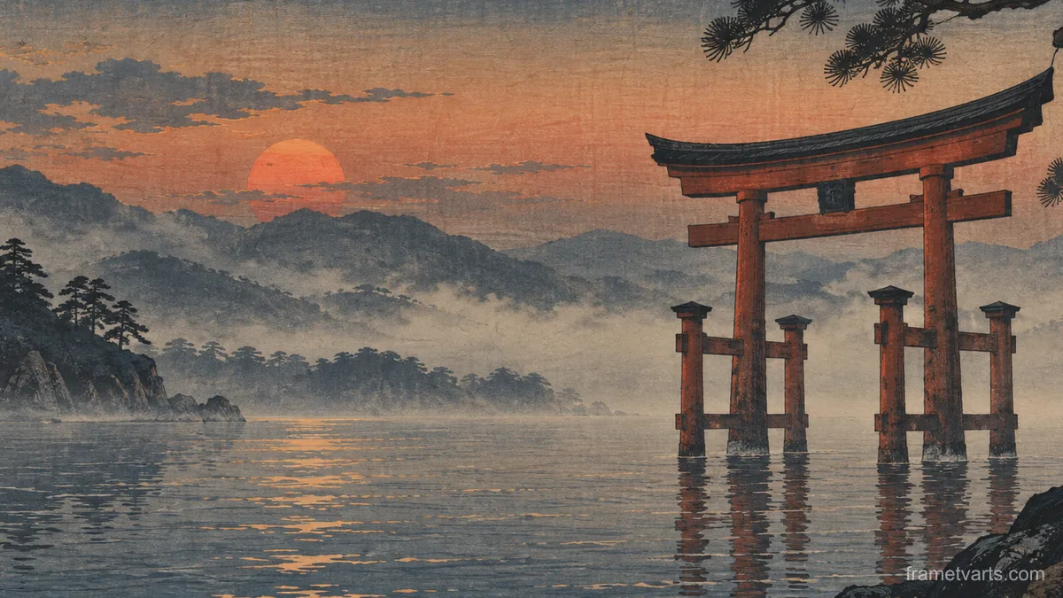 Torii silhouette in evening mist – japanese-inspired woodblock print Samsung Frame TV art, 4K