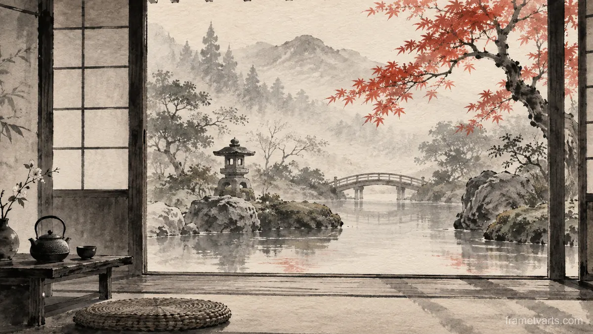 Tea house window onto a garden – zen sumi-e ink wash Samsung Frame TV art, 4K